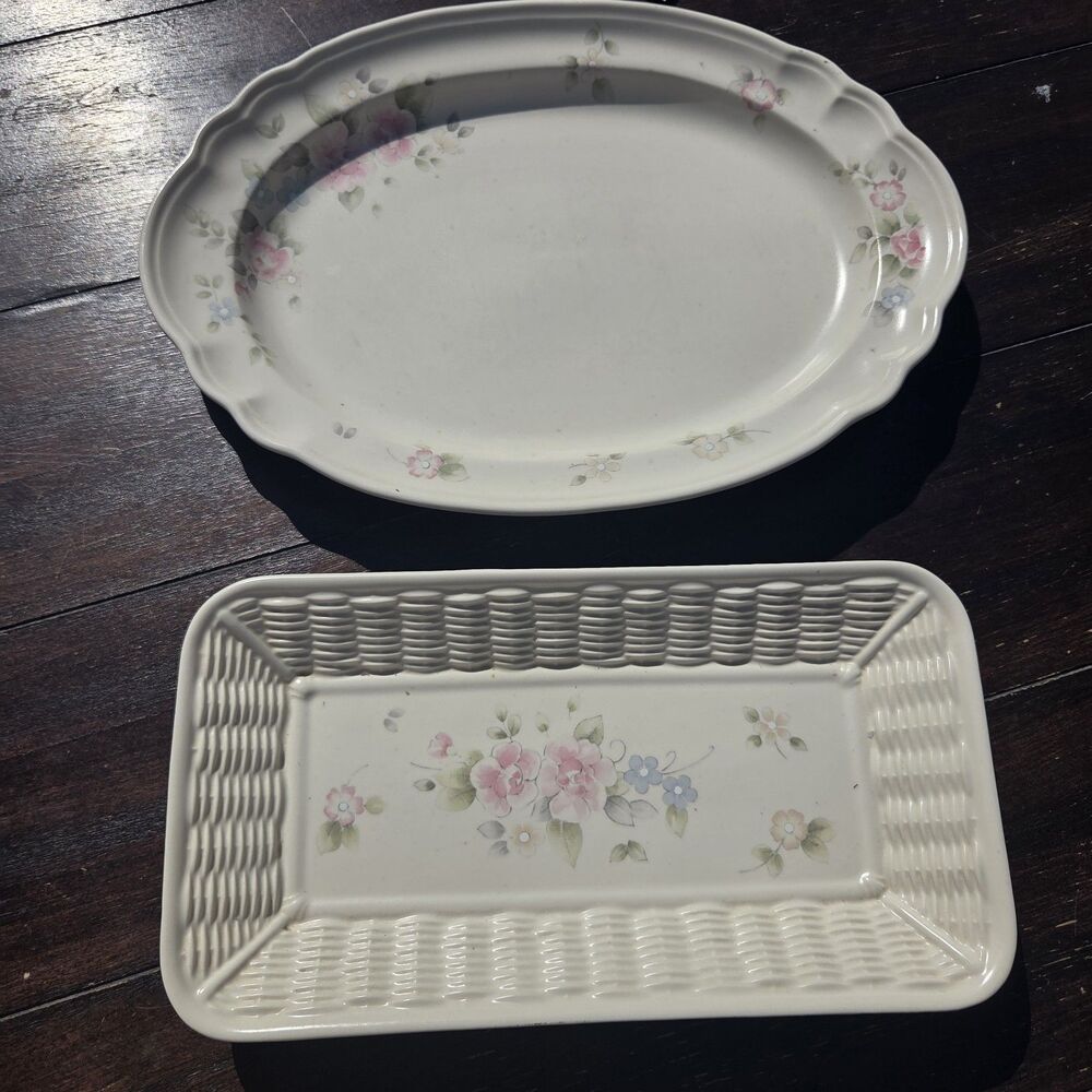 PFALTZGRAFF TEA ROSE TRAY PLATTER SET STONEWARE FLORAL OVAL RECTANGLE